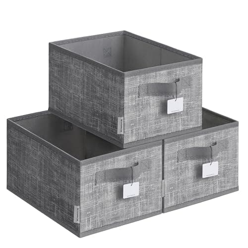 Image of SONGMICS Collapsible Storage Boxes, Set of 3 Fabric Storage Baskets, 30 x 20 x 15 cm, Wardrobe Storage Organisers, 2 Handles, Label Holders, for Bedroom, Living Room, Cattail Grey ROB415G01