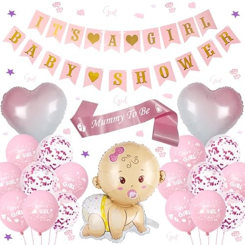 Image of Pink Baby Shower Decorations for Girls - It's a Girl Balloons Banner Heart Balloons Mummy to Be Sash Confetti, Baby in Bloom Gender Reveal Party Decoration