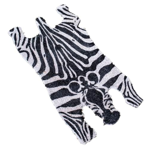 Image of Darthome Zebra Shaped Coir Doormat, Black and White Striped Animal Print, Non-Slip PVC Backing, 75x39cm