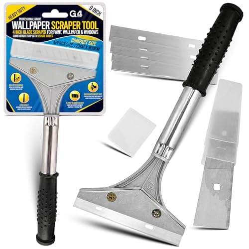 Image of G4GADGET Heavy Duty Wallpaper Scraper 9 Inch Long with Comfortable Grip – 4 Inch Blade Paint & Window Scraper Tool with 5 Spare Blades for Wallpaper Stripping, Glass, Tiles & Adhesive Removal