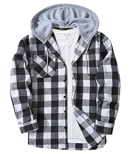 Image of JACKETOWN Plaid Casual Sweatshirt Men's Hoodie Long Sleeve Shirt with Pocket Button Down Checked Jacket Flannel Regular Fit 4 Seasons Lumberjack Black White