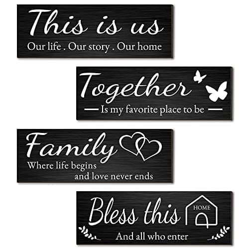 Image of Joyhawk 4 Pieces Home Wall Decor Signs, THIS IS US/TOGETHER/BLESS THIS HOME/FAMILY Wall Decor For Living Room Bedroom, Rustic Wooden Farmhouse Wall Art Decor, 4.7 x 13.8 Inch(Black)