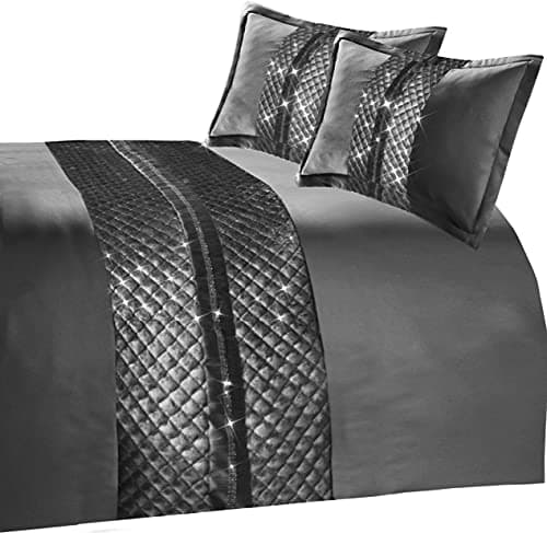 Image of Olivia Rocco Kylie Duvet Cover Set Quilted Velvet Diamante Quilt Covers Luxury Bedding Sets, Charcoal Bedspread