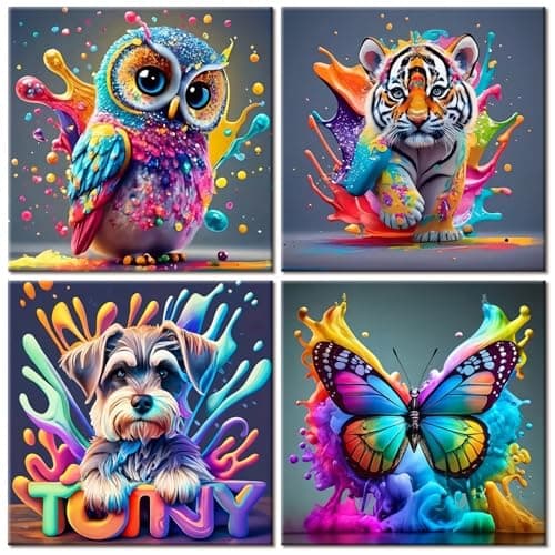 Image of LZLHDE 4 Pack Paint by Numbers for Children, Easy Animals Painting by Numbers for Kids 6-12, DIY Kids Paint by Numbers Easy Canvas Kit for Gift Home Wall Decor 8x8inch (Owl Tiger Dog Butterfly)