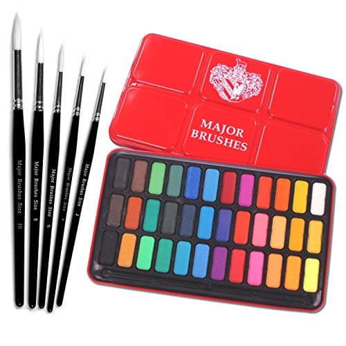Image of Major Brushes White Sable Round Brush Set of 5 Plus Artist Watercolour Paint Tin 36 Blocks Red Metal Lid