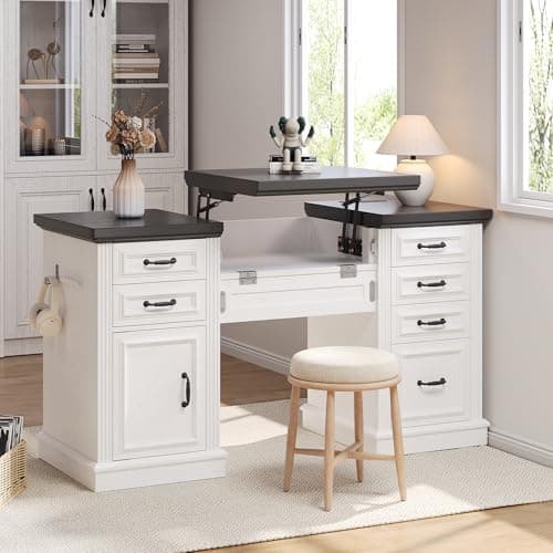 Image of Jocoevol Farmhouse 57" Lift Up Executive Desk with 5 Drawers and Charging Station, Wood Home Office Computer Desk with File Cabinet Storage, Keyboard Tray,Headphone Hook for Work,Study (White+Black)