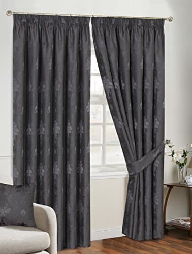 Image of PRIME LINENS Floral jacquard Fully Lined Pencil Pleat Pair Curtains Living Room Bedroom for Room Darkening Window Curtains with 2 Free Tie Backs (W 66'' x L 90'',(168 x 228 Cm Grey)