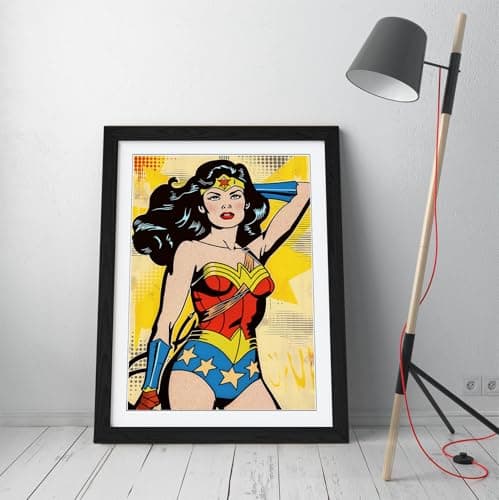 Image of Pop art comic art of wonder woman Stunning Framed Wall Art Print Picture - A2 - Black Frame