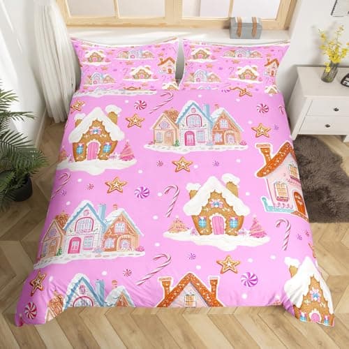 Image of Loussiesd Christmas Duvet Cover Candy Cane House Bedding Set Double Size for Kids Boys Girls Candy Canes Print Xmas Decorations Bedroom Decor Microfiber 3 Pcs with 2 Pillow Cases