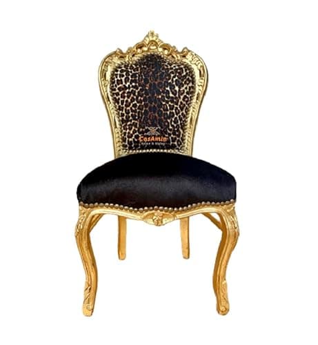 Image of CasAmin Home & Living Accent Chair Louis XV Baroque Style Dining Chair Black Velvet Leopard Print in Gold Finish