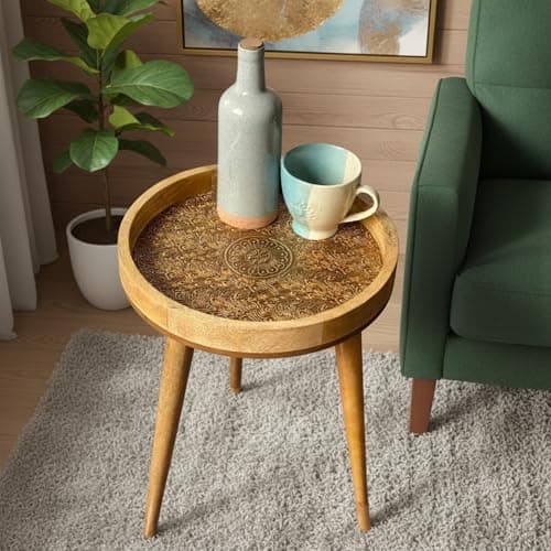 Image of Hartsmede Mango Wood Side Table 18" – Handmade Round Accent Table with 38cm Resin-Coated Enamel Top, Lightweight & Strong Coffee or Bedside Table for Living Room Bedroom (Brass)