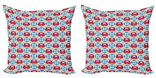 Image of ABAKUHAUS Colorful Throw Pillow Cushion Cover Pack of 2, Slavic Russian Folk Floral, Zippered Double-Side Digital Print Decor, 45 cm x 45 cm, Multicolor