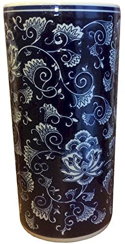 Image of M S L Navy Blue and White Floral Ceramic Umbrella Stand Walking Stick Stand Large Vase