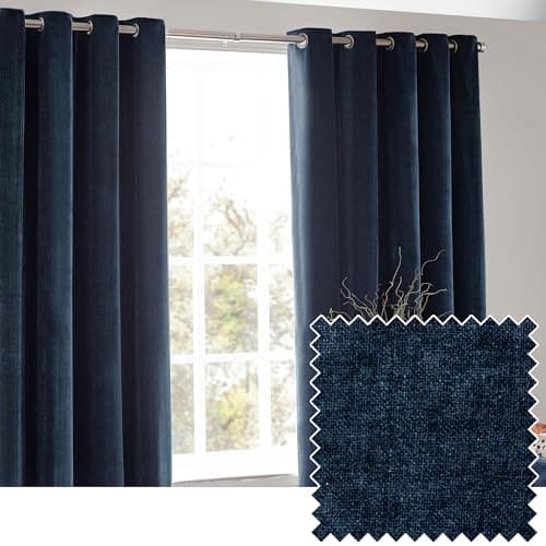 Image of Yard furn Heavy Chenille Eyelet Curtain Pair – Lined Room Darkening Soft Velvet Curtains (Navy - Width 168 x Drop 229cm)