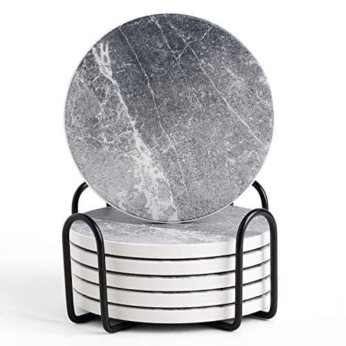 Image of LIFVER Coasters - Coasters Set of 6 - Grey Drinks Coasters Ceramic - Coasters with Holder & Cork Base for Various Cups, Tables & Home Decor - Gifts for Men Women - 4 ''