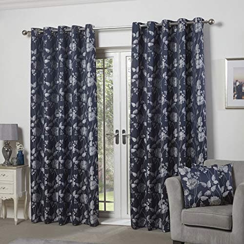 Image of Emma Barclay – Fully Lined Curtains for Bedroom Living Room Jacquard Eyelet Two Panel Floral Curtains Butterfly Meadow Collection (90” x 72” Inch)(Navy)