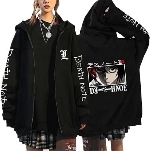 Image of RWRAPS Anime Death Note Zipper Sweatshirt Japanese Manga Graphic Unisex Zip Up Hoodie Jacket Casual Long Sleeve Streetwear Coat
