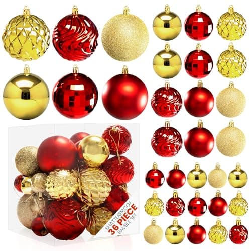 Image of Pelle & Sol 36-Piece Christmas Decorations Bauble Set - Shatterproof Christmas Tree Decorations - Glitter, Disco Ball, Swirl Designs - Christmas Baubles in Assorted Sizes - Red, Gold