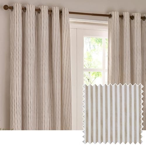 Image of Yard furn Hebden Eyelet Curtain Pair – Ultra Soft Cotton Lined Striped Curtains (Natural - 168x137cm)