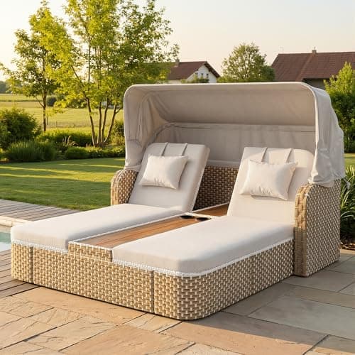 Image of Merax Garden Furniture Outdoor Sun Garden Day Bed Chaise Lounge 2-Seater Outdoor Wicker Garden Sofa with 2 Cushions,Cup Holders,Adjustable Canopy,5-Position Adjustable Reclining Backrests,Beige