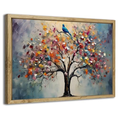 Image of Framed Colourful Tree of Life Wall Art Vintage Floral Tree Wood Canvas Painting 30x40cm Abstract Blossom Flower Canvas Prints Pictures Minimalist Artwork for Living Room Bedroom Office Home Decoration