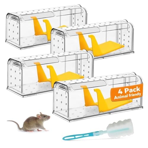 Image of KENNEAS Humane Mouse Traps for Indoor Outdoor, Washable Cleaning Brush Included, Reusable Live Catch and Release, Field Mouse Catchers, Pets & Children Friendly, No Glue, Electric & Kill (4 Pack)