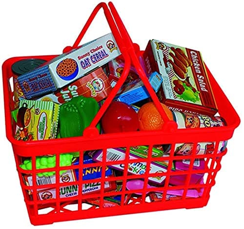 Image of PETERKIN | Grocery Basket Playset Toy | 25cm plastic grocery basket with over 40 assorted accessories including boxes, plastic foods and cutlery | Roleplay Toys | Ages 3+