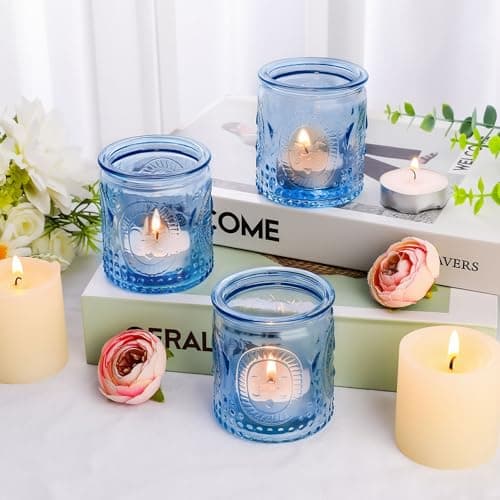 Image of 6Pcs Glass Tea Light Candle Holders,6.6cm x 5.8cm Vintage Candle Jar, Coloured Tealight Holders, Votive Candle for Indoor, Outdoor, Garden, Dinner, Church, Weddings, Home Décor, Gifts (Light Blue)