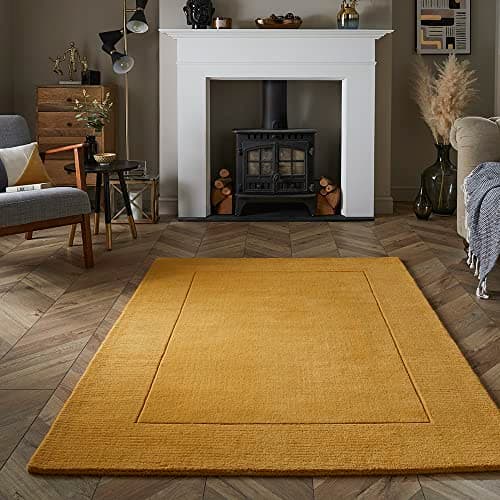 Image of Lord of Rugs Wool Bordered Rug for Modern Classic Bedroom Living Room Soft Quality Esme Hand Carved Elegance Plain Vibrant Colours Rug Ochre Yellow, Small 80x150 cm (2'6"x5')