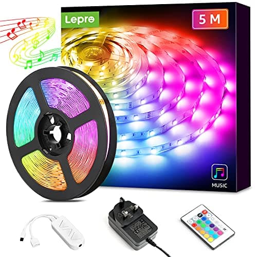 Image of Lepro LED Strip Lights 5M Music Sync, 5050 RGB Colour Changing LED Strip with Remote, Sound Reactive, Dimmable Stick on Plug in LED Lights for Bedroom, Kitchen, Party, Teen Girl Kids Room Decor