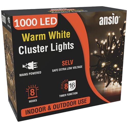 Image of ANSIO® Christmas Lights 1000 LED 12m/39ft Cluster Christmas Tree Lights for Indoor & Outdoor Warm White Decorations Fairy Lights with Timer for Xmas Garden & Party | Mains Powered Green Cable