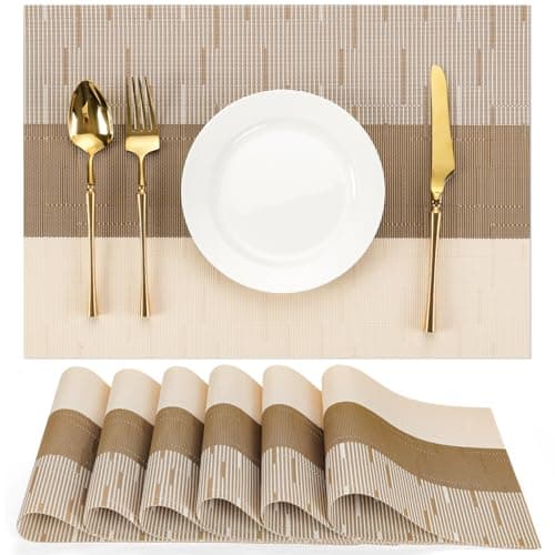 Image of Chitomars Placemats Set of 6, Vinyl Woven Place Mats Indoor Set of 6 Washable Wipeable PVC Table Mats Heat-Resistant Non Slip Placemat for Kitchen Dining Outdoor Table (Beige Light Brown, Set of 6)