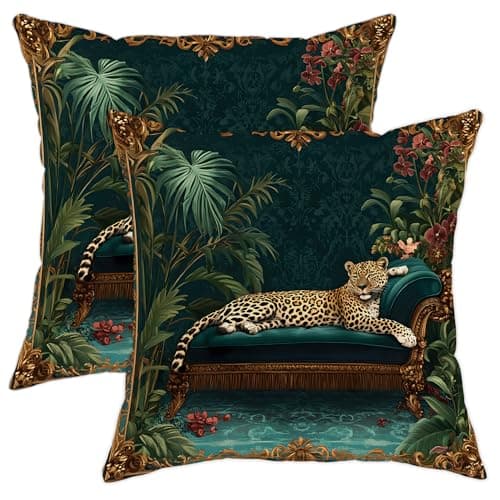 Image of Jungle Leopard Pillow Covers Set of 2, Dark Green Animal Print Throw Pillow Cases, Decorative Square Cushion Covers for Home Sofa Couch Indoor Outdoor Decor 16x16 Inch