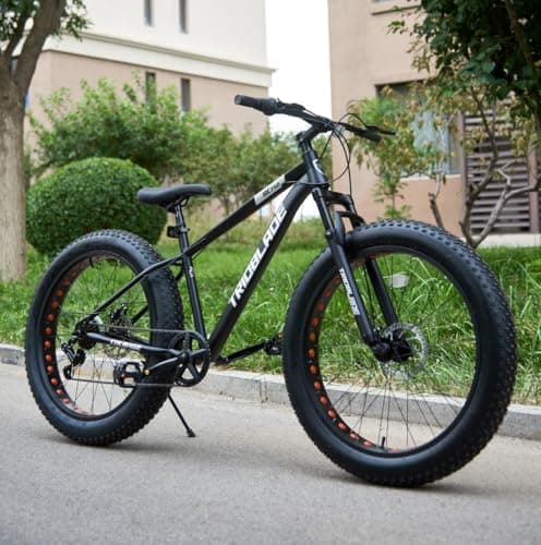 Image of LSBIKE 26 Inch Fat Tyre Mountain Bike for Adults, All Terrain Mountain Bike Bicycle with 7-Speed Gears Unisex MTB, Men Women Bike w/Front Suspension & Dual Disc Brakes, 90% Pre-Assembled (Black)