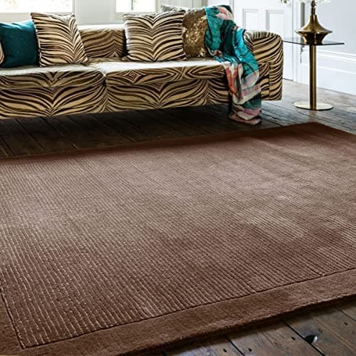 Image of Lord of Rugs 100% Wool Rug for Living Room Dining Bedroom Hand Made Modern Bordered Quality Soft Plain Rug Chocolate Medium 120x170 cm (4'x5'6")
