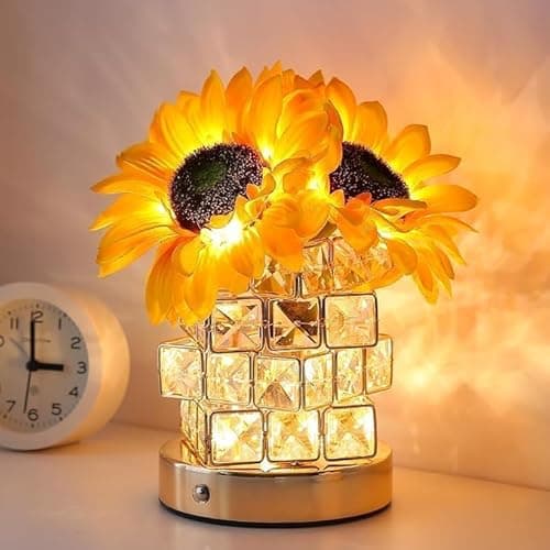 Image of Sunflower Crystal Table Lamp, Dimmable LED Artificial Flower Touch Lamp with Cube Crystal Vase, USB Rechargeable Cordless Lamps for Bedroom, Living Room, Home Decoration