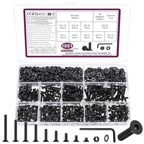 Image of 1051 Pcs M3 Screws Set, M3 Bolts and Nuts Set, Countersunk Nuts and Bolts, Flat Head Machine Screws and Washers, Hex Socket Head Cap Screw Assortment with Wrench