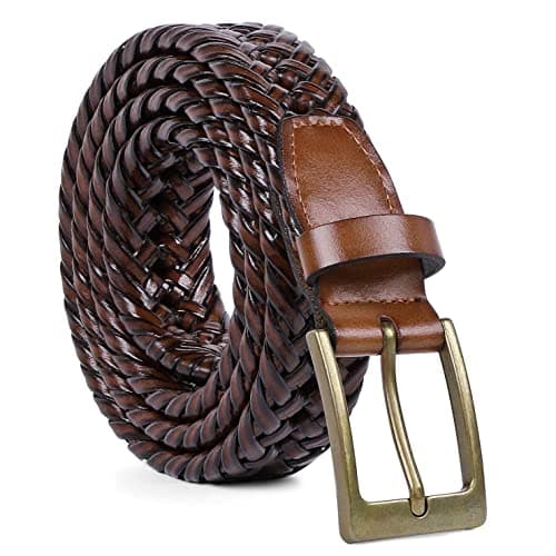 Image of JASGOOD Braided Woven Belt for Men Casual Jeans with Solid Strap Single Prong Buckle Men Braided Leather Belt(Brown,Suit for Pant Size 32-37 inch)