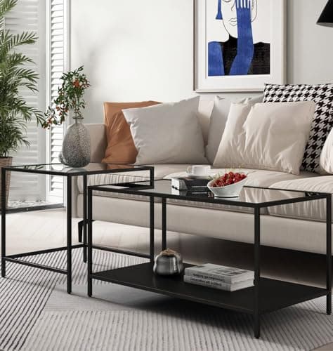 Image of Hallowood Furniture Bewdley Nesting Coffee Tables with Glass Top, Large Glass Coffee Table with Shelf, Industrial Black Nest of Tables, Perfect for Lounge or Living Room