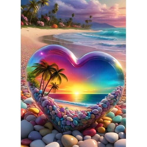 Image of MAXBYE DIY Crystal Love Heart Stone Diamond Painting Kit, Beach Landscape Diamond Art Kits Adults, 5D Full Drill Diamond Dots Paintings, Diamond Art Crafts Canvas Painting Home Wall Decor 12x16 Inch