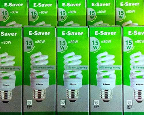 Image of E-Saver - CFL Full Spiral - Energy Saving Light Bulbs -15w = 80 Watt - (Pack of 10) - Warm White 2700k - Screw in Cap - Screw Edison (ES - E27 Bulb)
