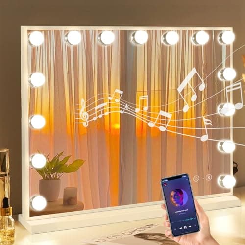 Image of FENCHILIN Vanity Mirror with Lights Bluetooh Speaker Hollywood Mirror with Lights 15 LED USB Charging Port 3 Color Modes Dimmable Touch Control 10x Magnifying