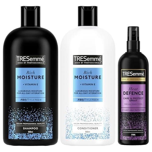 Image of TRESemme Rich Moisture Shampoo, Conditioner & Heat Defence Spray Care + Styling Regime Bundle 3 Piece