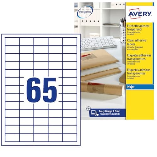Image of Avery Printable, Customisable Clear Mini Return Address Labels, Inkjet Printers, 65 Labels Per A4 Sheet, 1625 Labels, Quickdry (J8551),Transparent,38.1 x 21.2 mm