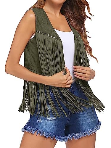 Image of YILEEGOO Women Tassel Fringe Vest 70s Hippie Faux Suede Rivets Sleeveless Jacket Cardigan Tops (Army Green, S)