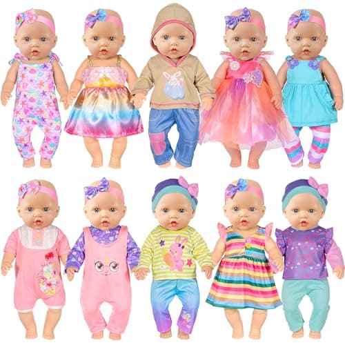 Image of ebuddy 10 Sets Doll Clothes and Accessories Play Set for 43cm/ 17 inch New Born Baby Dolls include Rompers, Dress and Hat (Doll Not Included)