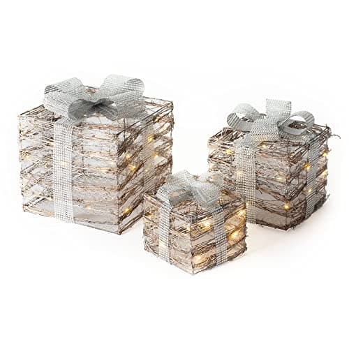 Image of Christmas Village Xmas Gift Boxes Set of 3 Light Up Illuminated LED Decoration Parcel Present Set with Decorative Bow Embellishment and Sparkly Glitter Finish (Silver Wicker)