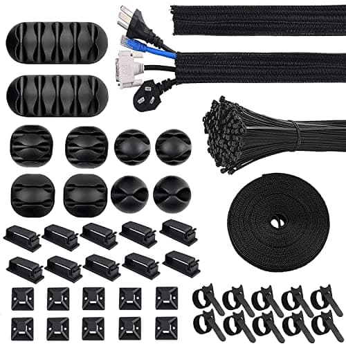 Image of Moseem Cable Management Kit 142Pcs,Wire Organiser Cable Tidy,1 Cable Sleeve,10 Self Adhesive Base,10 Cable Clips,10 Cable Ties,10 Silicone Cord Holder,1 Roll Self Adhesive Tie,100 Wire Fastening Ties