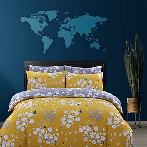 Image of DTEX HOMES Double Duvet Set 100% Pure Cotton Reversible Printed Hotel Quality Duvet Cover Ultra Soft Easy Care double bedding Set Super Soft and Luxury Duvet Cover Sets (Blossom Mustard)