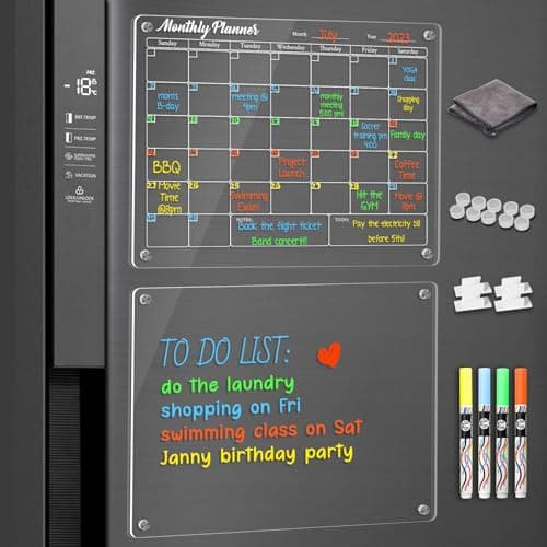 Image of ANLIOTE Acrylic Writing Board Set, 2pcs 40 x 30cm Fridge Whiteboard Calendar Kit, Transparent Monthly Planner & Blank Memo Board, Includes 4 Chalk Markers, Strong Magnetic Corners, Non-Scratch Covers